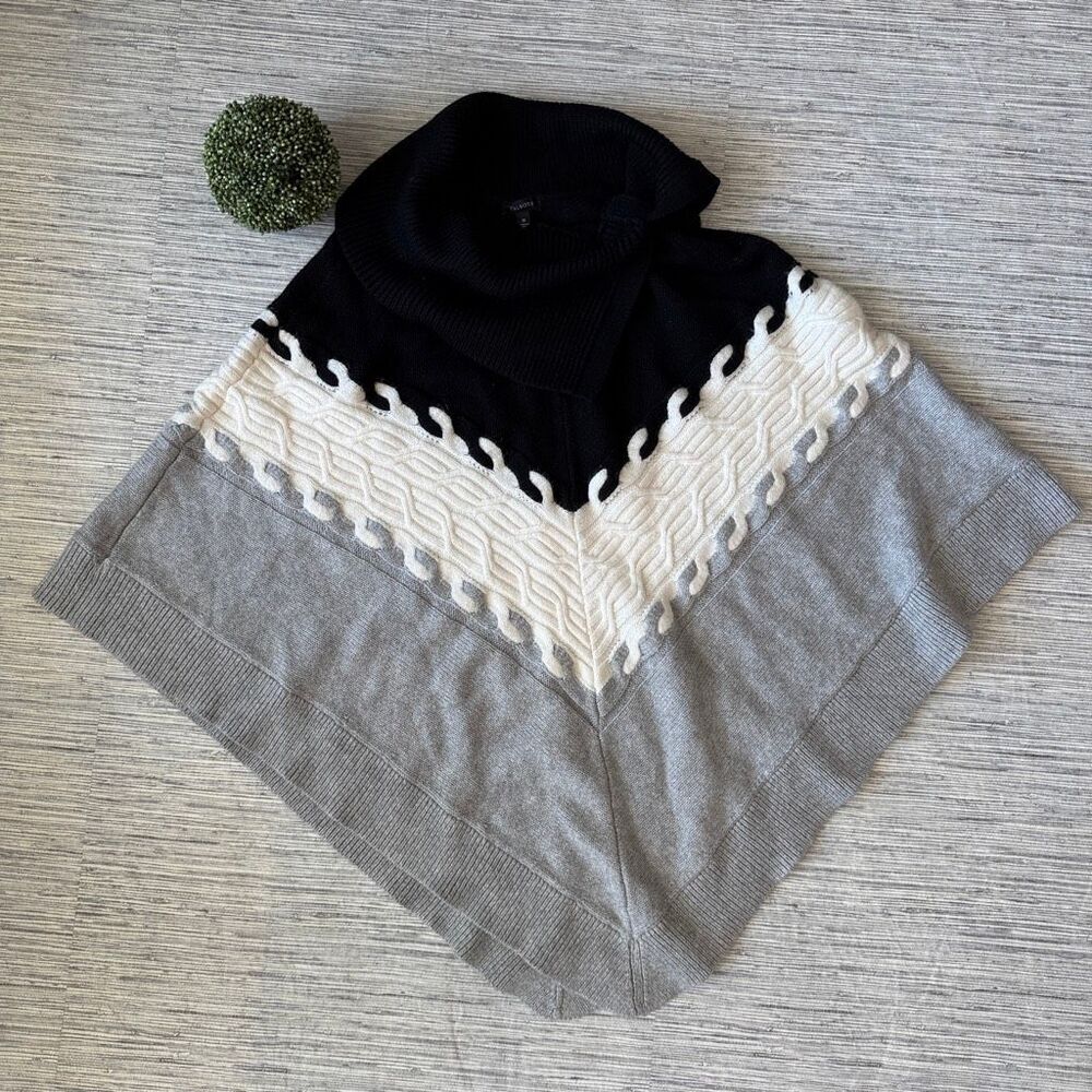 Talbots Colorblock Cable Knit Cowl Neck Poncho Sweater Cape Chevron Gray Black M